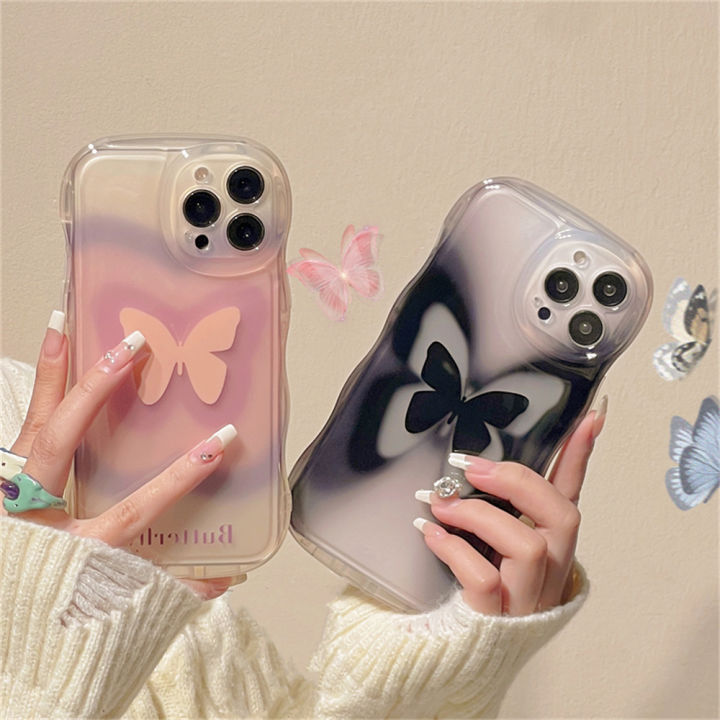 Korean Cute Gradient Butterfly Wavy Clear Phone Case For iPhone 15