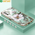 UCUC for Samsung Galaxy A03S Back Cover + Free Lanyard Romantic White Flowers Luxury 6D Plating Case Side Pattern Soft Silicone Square Phone Cases. 