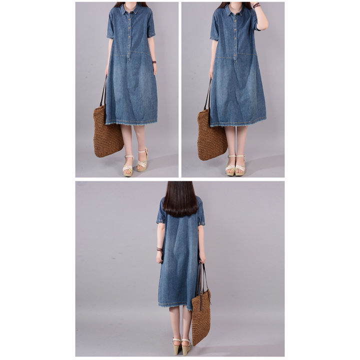 Yfashion%20Women%20Cotton%20Short%20Sleeves%20Denim%20Dress%20Large%20Size%20Casual%20Mid-length%20Skirt%20Fashion%20Simple%20Solid%20Color%20Lapel%20Dress%20-%20Image%205