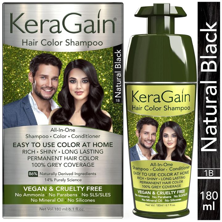 KeraGain Hair Color Shampoo (Natural Black,180Ml) PPD Free, Ammonia Free Permanent Hair Colour For Women & Men, |Vegan & Cruelty-Free| Keratin Treatment Included  (FROM INDIA)SAB
