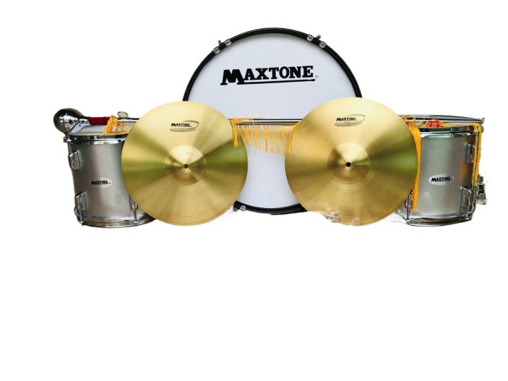 Maxtone School Marching Band Instruments Full Set 24'' Bass Drum, 2pcs 14'' Side Drum, 14'' Cymbal pair, 60'' Leader Mace Silver Colour maxtone 24 inch bass drum 14 inch side drum 14 inch maxtone cymbal 60 inch 5 feet leader mace