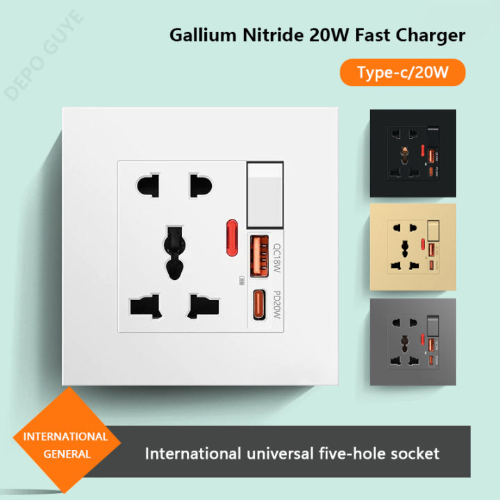 20W Type-C Plug Quick Charging 5-pin Wall Socket 220V,Plastic Electrical Wall Power Outlet With DC 5V 3A USB C Charger