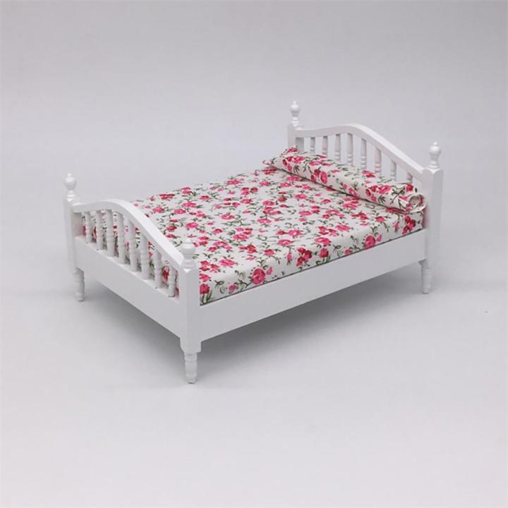 Wooden%20Miniature%201/12%20Dollhouse%20Double%20Bed%20Floral%20Sheet%20House%20Furniture%20Kids%20Toy%20-%20Image%202