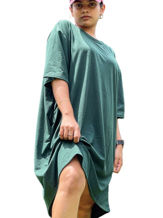 Army Green Color Oversized Women Dress Comfy Tee With Side