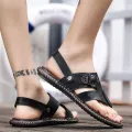 Genuine Black Cow Leather Beach Mens Large Summer Slippers 38-47. 