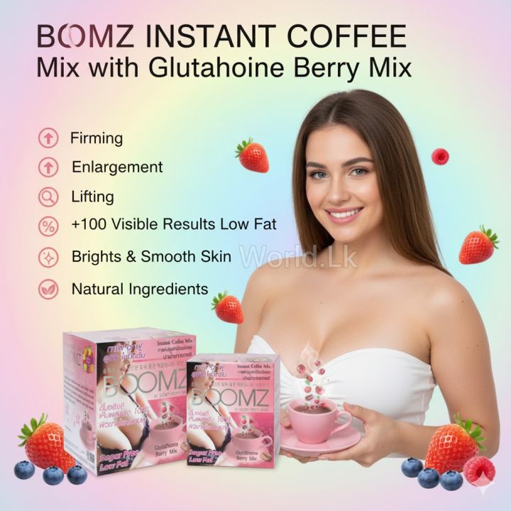 1500mg glutathione BOOMZ INSTANT COFFEE” Mix with Glutathione Natural Berry Mix DRINKING COFFEE  for Fit & Firm Enlarge Big Bre-aast Sugar Free, Low Fat Made In Thailand HB  24