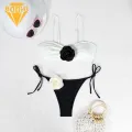 Bikini Set with Strap Design Floral Lace-up Bikini Set with 3d Flowers Adjustable Straps Swimsuit for Women 2pcs/set Contrasting Color Splicing Swimsuit. 