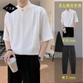 FSK Lightly Mature Men's Clothing with a Set of Casual Short Sleeves Shirt Outfit Summer Stand Collar Ice Silk Shirt Half Sleeve. 