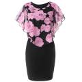 【WEJA】qie® Plus Size Elegant Office Lady Rose Flower Print Cape Bodycon Knee Length Dress. 