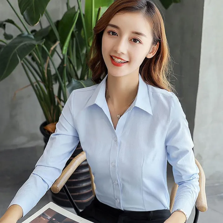 2024%20Spring%20Summer%20New%20Short%20Sleeves%20Women's%20White%20Shirt%20v%20Collar%20Business%20Clothing%20Long%20Sleeve%20Blue%20Shirt%20Korean%20Style%20Work%20Clothes%20-%20Image%203