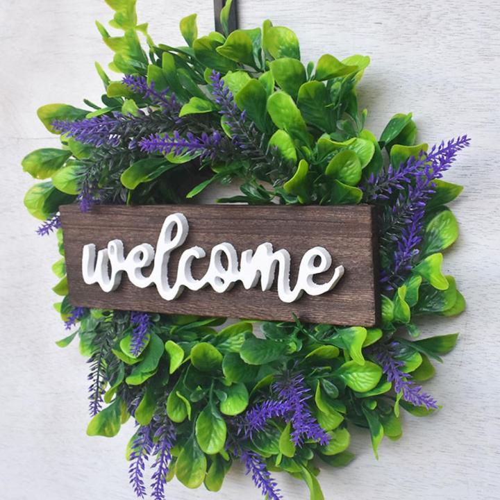 Welcome Sign with Lavender Wreath 13in Artificial Eucalyptus Wreath Greenery