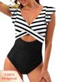 SuperRide High-waisted Swimwear Flattering Striped V Neck Monokini for Women Stylish Swimwear for Beach Pool Parties High Waist Slim Fit Design for Summer Fun High-waisted Swimsuit. 