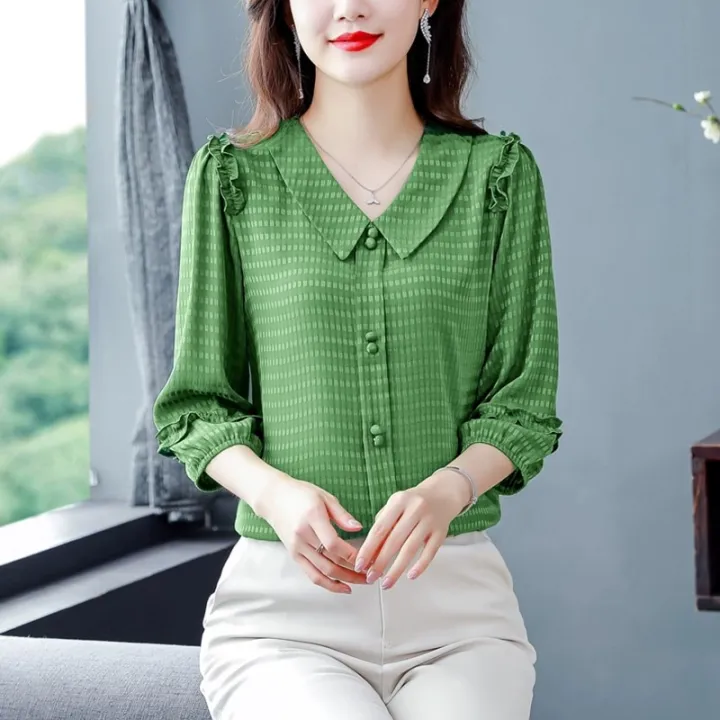 Yfashion%20Fashion%20Chiffon%20Tops%20For%20Women%20Cotton%20Summer%20Three-quarter%20Sleeves%20Doll%20Collar%20Shirt%20Elegant%20Solid%20Color%20Pullover%20Blouse%20-%20Image%207