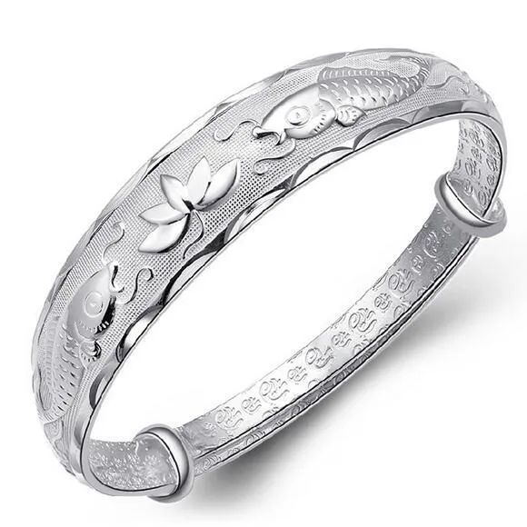 %E3%80%90ZOSR%E3%80%91fashion%20Double%20fish%20lotusn%20woman%20kpop%20star%20Fine%20999%20Sterling%20Silver%20adjustable%20bracelet%20Bangles%20gift%20SZ17%20-%20Image%205