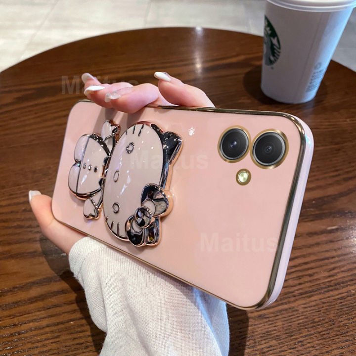 For Samsung Galaxy A05 A04 A04e Back Cover with Cute Cat Makeup Mirror Stand Bracket Luxury 6D Plating Shiny Bling Case Square Edge Soft Silicone Mobile Phone Cases Pouch Girls