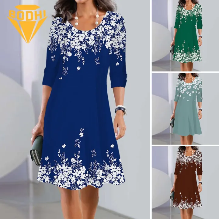 Casual Loose Fit Dress Floral Print A-line Midi Dress for Women Casual Elegant Spring Fashion Women Casual Printed Dress