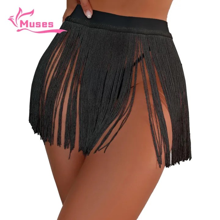 Muses Mall Fringe Short Skirt High Waist Tassel Skirt for Women Summer Fringe Mini Skirt for Party Clubwear Solid Color Beach Skirt Trendy Fashion