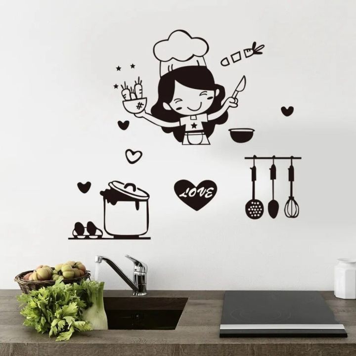 Waterproof%20Cartoon%20Happy%20Girl%20Chef%20Sticker%20Cute%20Black%20Loves%20Cooking%20Wall%20Sticker%20Non-toxic%20PVC%20Kitchen%20Decal%20Kitchen%20-%20Image%203