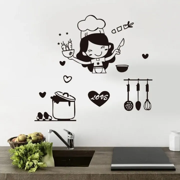 Waterproof%20Cartoon%20Happy%20Girl%20Chef%20Sticker%20Cute%20Black%20Loves%20Cooking%20Wall%20Sticker%20Non-toxic%20PVC%20Kitchen%20Decal%20Kitchen%20-%20Image%203