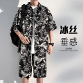 KSUK Ice Silk Fashion Casual Set Men's Summer Fashion Brand Pu Shuai Casual Printed Shirt T-shirt Shory Style Two-Piece Set. 