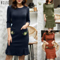 【WEJA】Korean Style Women's Dress Elegant 3/4 Sleeve Knitted Sundress Floral Embroidery Midi Dresses #11. 