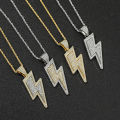 Iced Out CZ Crystal Lightning Sign Pendant Necklaces for Men Teen Boys Hip Hop Gold Color Chains Accessories Jewelry Gifts. 