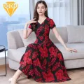 Comfo ble Soft Fabric Dress Floral Print V-neck Midi Dress for Women Stylish Office Party Wear with Flowy Hem Waist Tight Fit Short S ve Casual Dress. 