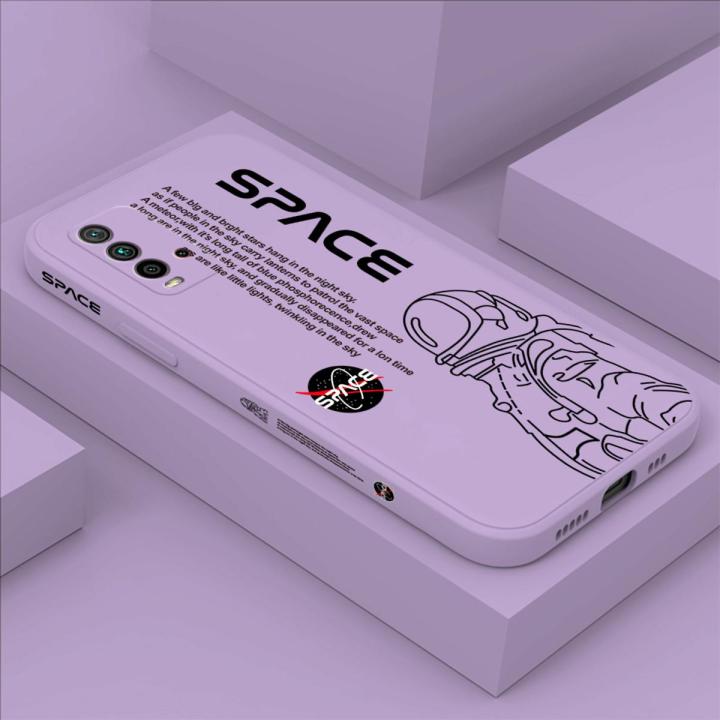 Hontinga for Redmi 9T / Redmi 9 Power Case Side Design Cool Astronaut Back View Letters Back Cover Soft Square Edge Pattern Liquid Silicone Trend Phone Cases