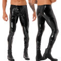 #S-4XL Mens Wet Look Patent Leather Leggings Two-way Zippehappyr Tight Long Trousers Skinny Pants Clubwear Latex Leggings. 