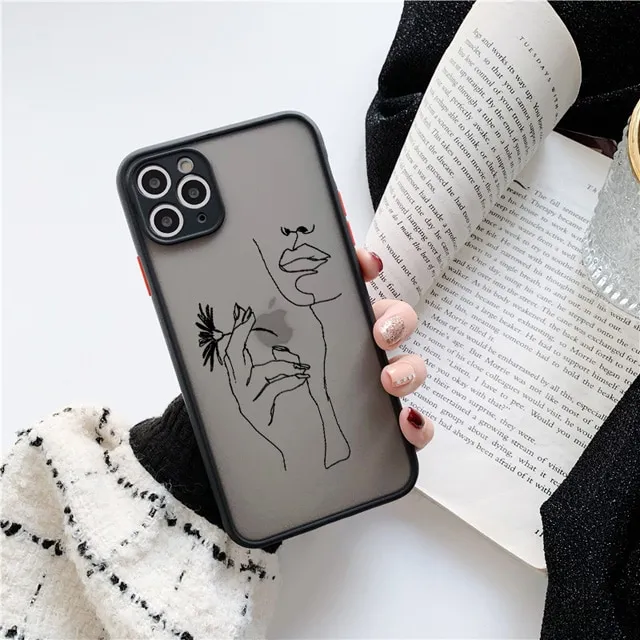 Line%20Art%20Sketch%20Flower%20Girl%20Protection%20Phone%20Case%20For%20iPhone%2012%2011%2013%20Pro%20MAX%20X%20XS%20XR%20SE%202%206s%207%208%20Plus%20Hard%20Translucent%20Cover%20-%20Image%202