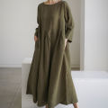 Yfashion Women Cotton Loose Large Size Dress Cotton Linen Round Neck Pullover Casual Simple Solid Color Large Swing Dress. 