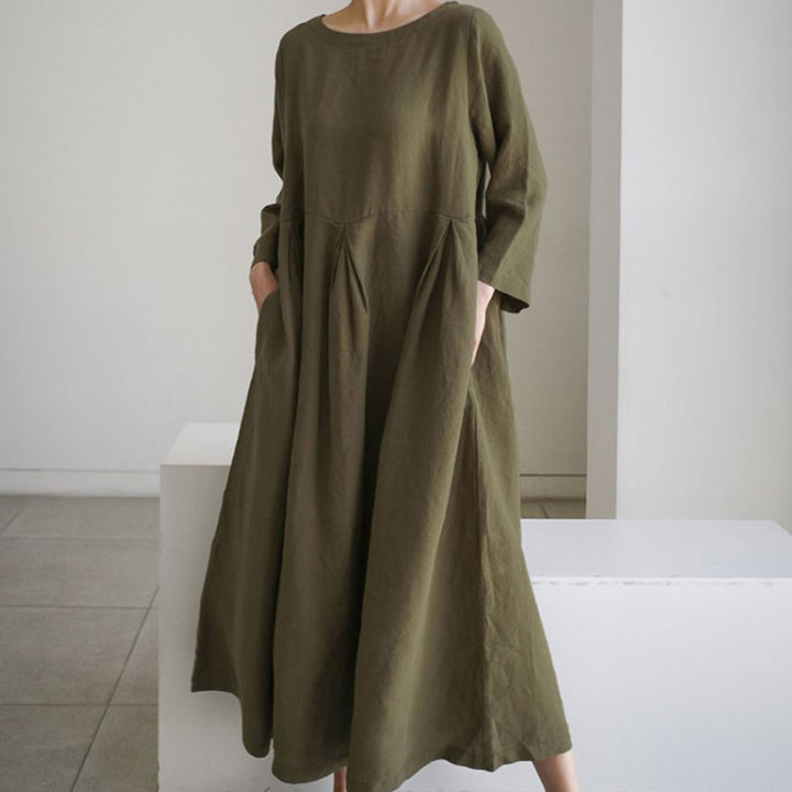 Yfashion%20Women%20Cotton%20Loose%20Large%20Size%20Dress%20Cotton%20Linen%20Round%20Neck%20Pullover%20Casual%20Simple%20Solid%20Color%20Large%20Swing%20Dress%20-%20Image%204