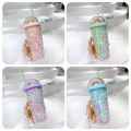 550ml Double Layers Rainbow Plastic Water Bottle With Straw Korean Style Creative Sweet Mug For Milk Coffee Tea Cup. 