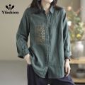 Yfashion Women Cotton Long Sleeves Blouse Trendy Retro Solid Color Embroidery Shirt Loose Single Breasted Cardigan Tops. 