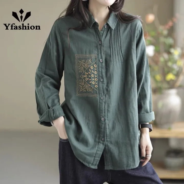 Yfashion%20Women%20Cotton%20Long%20Sleeves%20Blouse%20Trendy%20Retro%20Solid%20Color%20Embroidery%20Shirt%20Loose%20Single%20Breasted%20Cardigan%20Tops%20-%20Image%209