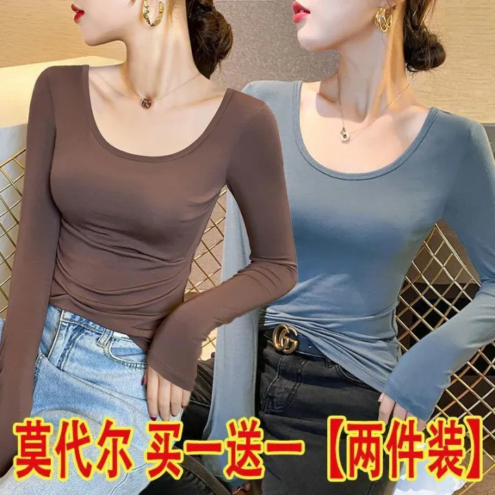 Black%20Modal%20Long%20Sleeve%20T%20Women's%20T-shirt%202024%20New%20Spring%20and%20Summer%20U%20Collar%20Slim-Fitting%20T-shirt%20Low-Necked%20Underwear%20Blouse%20Top%20-%20Image%204