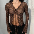 CIBBAR y2k Sexy Mesh Crop Top Vintage 2000s Leopard Print Ruffles Patchwork Bandage Cardigan T-shirts Women Transparent Club Tee. 