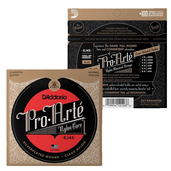 D'Addario Guitar Strings - Pro- Arte Classical Guitar Strings - EJ45 - Nylon Guitar Strings - Silver Plated Wound, Nylon Core - Normal Tension, 1-Pack