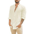 Yfashion Men  Shirt Linen Cardigan Solid Color Casual Stand-up Collar Long-sleeved Shirt color. 