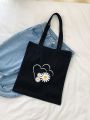 Natural fabric stylish black tote bag with hand paintings for everyday travel, dream catcher design. 