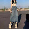 2024 new straight pear shaped slimming mid length A line hip high waist split denim skirt for women in summer. 