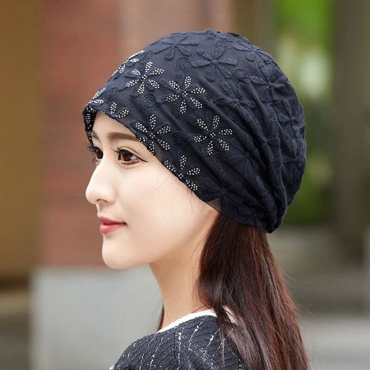 2024 Spring Summer Thin Cotton Lace Women Skullies Beanies Lady Fashion Lace Design Hats For Girl Turban Caps Chemo Cancer Hat