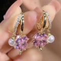 1Pair Fashion Temperament Crystal Earrings Purple Zircon Four-Leaf Flower Pearl Ear Stud For Women Light Luxury Ear Accessories. 