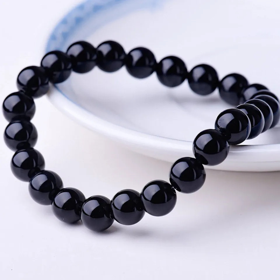 Komost Natural Stone Beaded Bracelets For Men & Women - 8mm Beads, Stretch Fit, Black Crystal Set