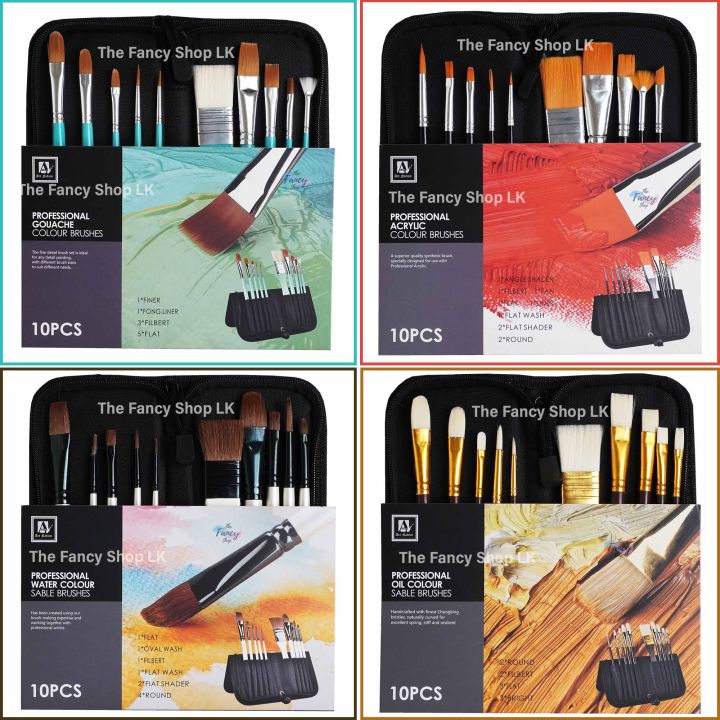 Art Nation Professional Artist Paint Brush Pinsel For Acrylic WaterColour Gouache Oil Special Mix 10 Pieces Set With Easy Carrying Case Pouch