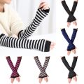 1Pair Trendy Striped Sleeves Wrist Hand Cover Knitted Long Fingerless Gloves Cartoon Arm Warmer Sleeves Driving Accessories. 