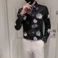 Handsome Fashion Brand Men's Shirt Slim Fit All-Matching Comfortable Cold Breathable Square Collar Printed Shirt Spring and Autumn Summer Korean Style Shirt. 