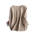 bellylady Cotton Linen Blouse for Women Loose Fit Solid Color Tops Round Neck Pullover Long Sleeves Shirt. 