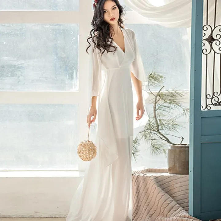 Chiffon%20Dress%202023%20Spring%20and%20Summer%20Half%20Sleeve%20Retro%20High%20Waist%20Pure%20Color%20Slim%20Fit%20Slimming%20V%20Lingxian%20Elegant%20Female%20Dress%20-%20Image%206