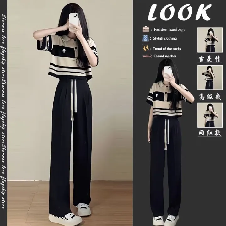 New%20Fashion%20Outfit%20Women's%20Summer%20Korean%20Style%20Loose%20Salt%20Wear%20StripedPoloCollar%20Top%20Wide%20Leg%20Pants%20Two-Piece%20Set%20-%20Image%205